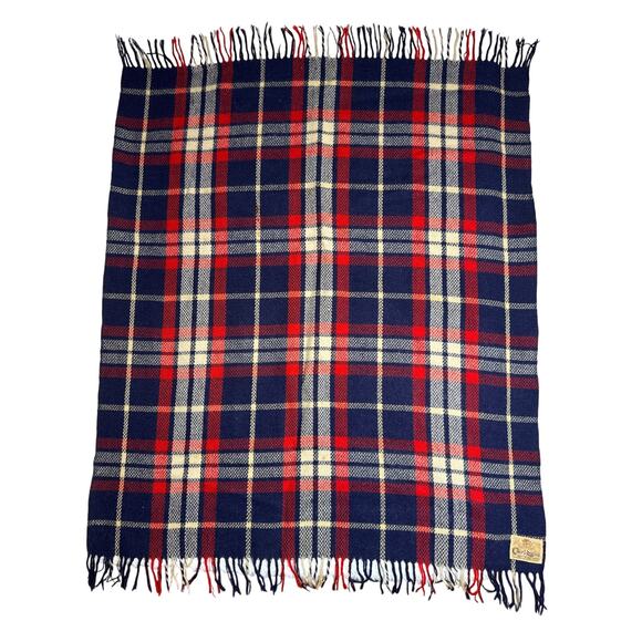 1960s CarlDyke Tartan Wool Stadium Blanket Red Navy Plaid Fringe 51x38 - Picture 3 of 12